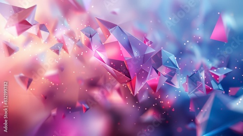 Abstract futuristic wallpaper featuring a floating geometric shapes with a bokeh effect in pink and blue hues