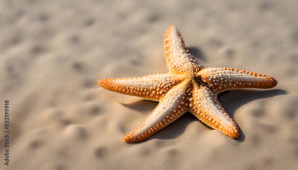 Close up of a starfish lying on sand by the sea; close up of a textured starfish Close up of a starfish lying on sand by the sea; close up of a textured starfish