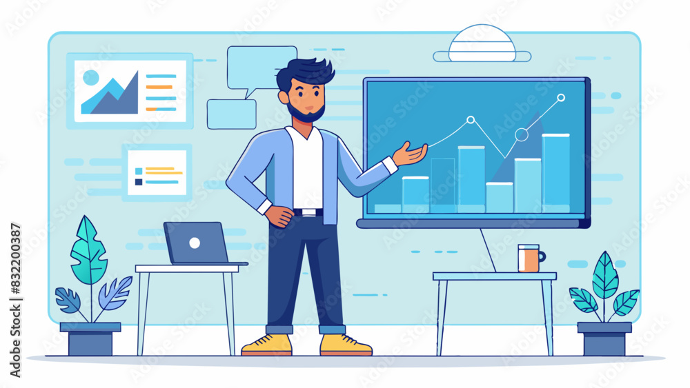A minimalist line art design of a young Indian man in a modern office, confidently presenting on a large digital display
A minimalist line art design of a young Indian man in a modern office, confidently presenting on a large digital display
