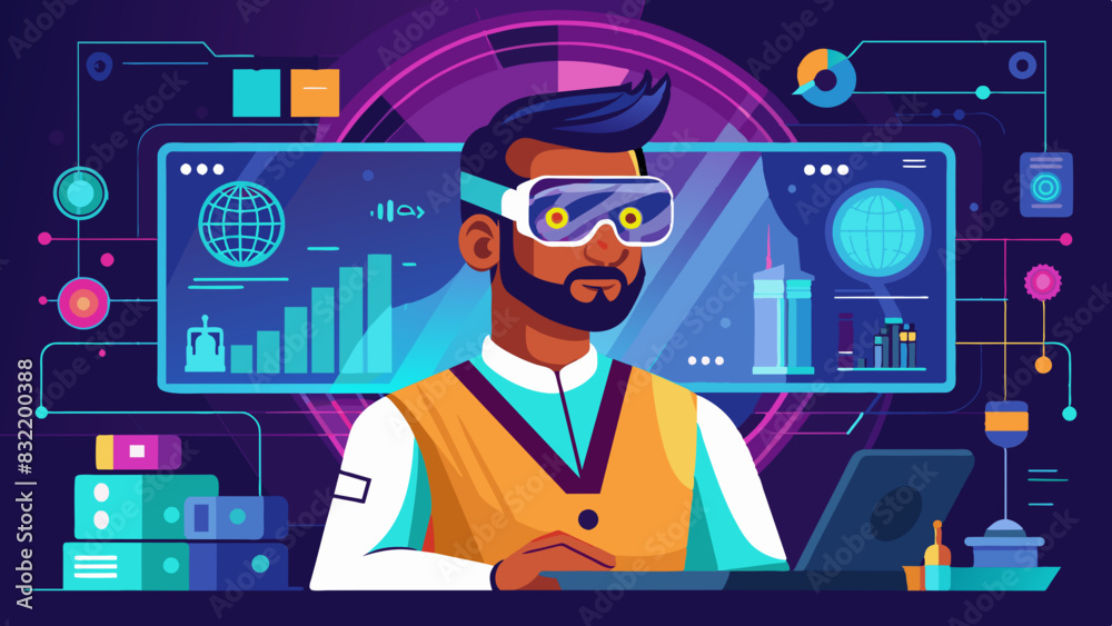 A detailed vector graphic of an Indian professional wearing augmented reality glasses, analyzing data in a futuristic workspace.
A detailed vector graphic of an Indian professional wearing augmented reality glasses, analyzing data in a futuristic workspace.