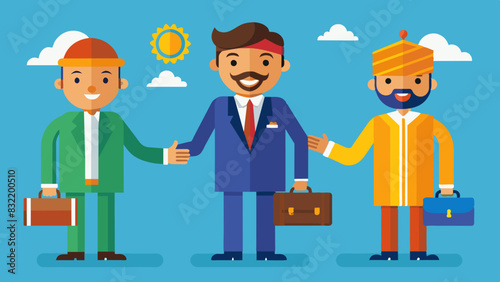 A set of flat design icons depicting an Indian salesman closing a deal with a handshake and a briefcase in hand