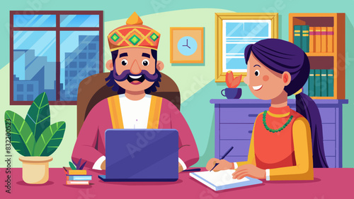 A whimsical vector of an Indian human resources professional interviewing a candidate with a welcoming smile and a welcoming office environment