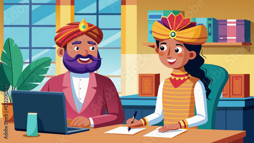 A whimsical vector of an Indian human resources professional interviewing a candidate with a welcoming smile and a welcoming office environment