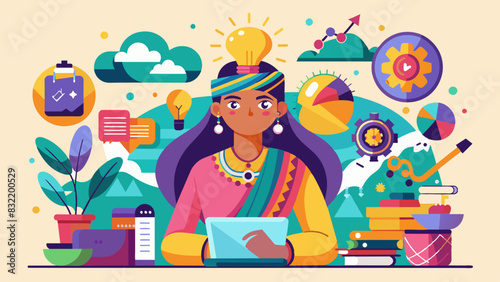 A colorful illustration of an Indian marketing manager brainstorming creative content ideas with a thought bubble full of visuals.