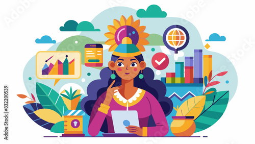 A colorful illustration of an Indian marketing manager brainstorming creative content ideas with a thought bubble full of visuals.