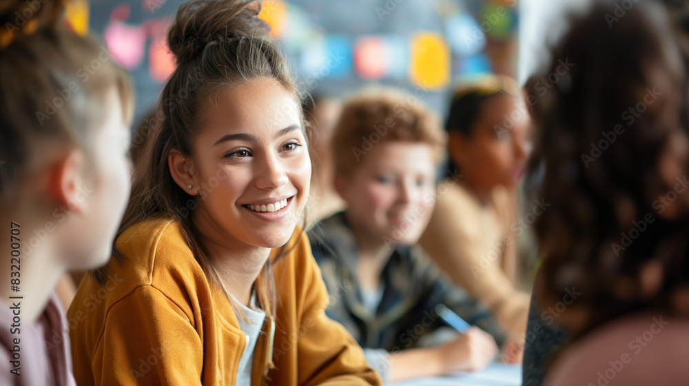 In a classroom, students are shown engaged in discussion and group activities In a classroom, students are shown engaged in discussion and group activities