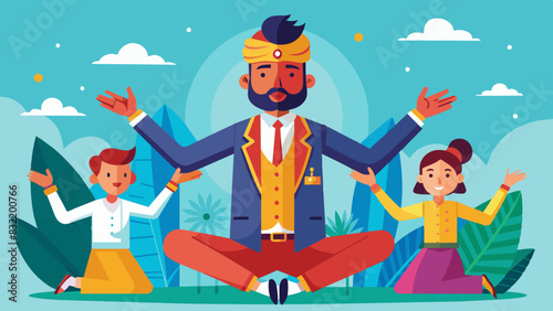 Indian businessman mediating a conflict between colleagues, bridging the gap with open arms.