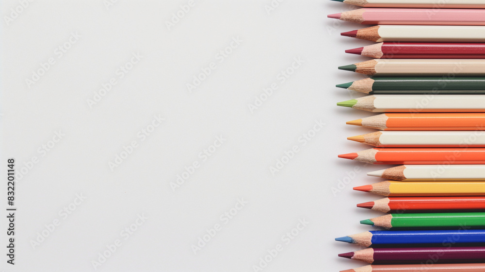 A vibrant set of colored pencils arranged in a neat row on a plain white background, leaving ample space for text A vibrant set of colored pencils arranged in a neat row on a plain white background, leaving ample space for text