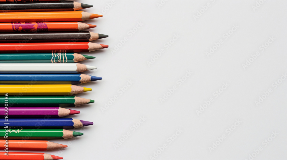 A variety of colored pencils placed randomly but aesthetically on a white background, providing ample space for text A variety of colored pencils placed randomly but aesthetically on a white background, providing ample space for text