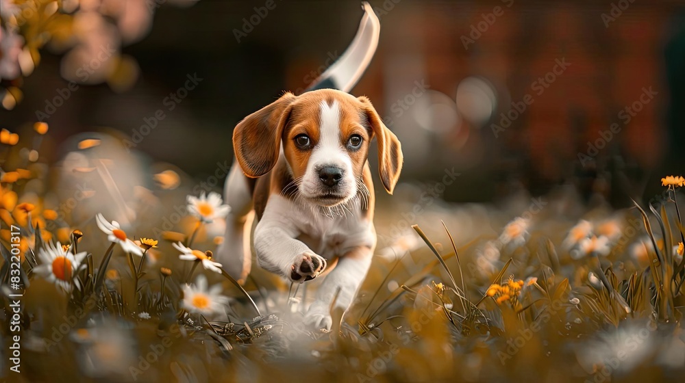 Adorable beagle puppy running through a field of daisies, capturing the joy and energy of playful pet moments on a sunny day.
