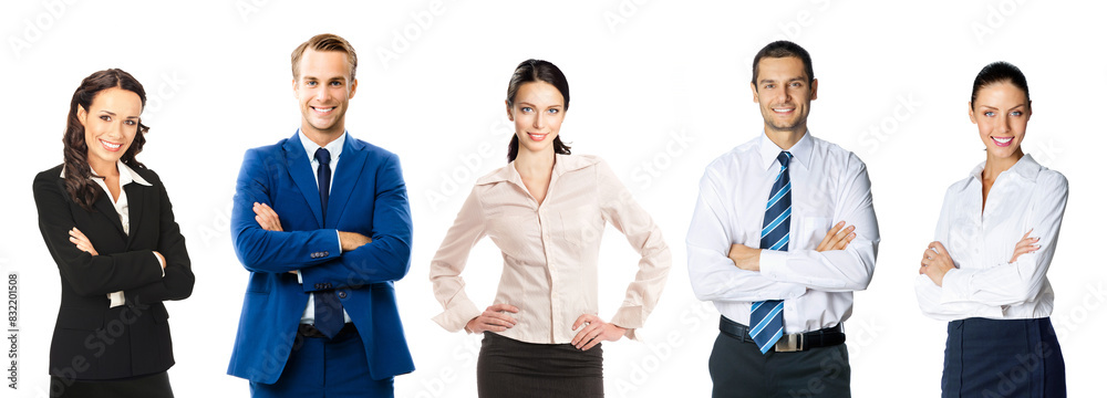 Obraz premium Collection collage set image - portrait many different businesspeople, confident men and women, employee executive, isolated against white background. Business people. Teamwork concept