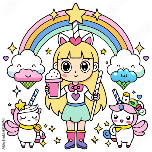 Magical Girl with Unicorns A magical girl with a star wand, holding a rainbow drink, surrounded by unicorns and fairies