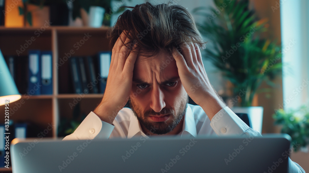An office worker, a businessman with a frustrated expression, facing a difficult project, staring at a computer screen with an internet mistake, and feeling the headache of problem An office worker, a businessman with a frustrated expression, facing a difficult project, staring at a computer screen with an internet mistake, and feeling the headache of problem
