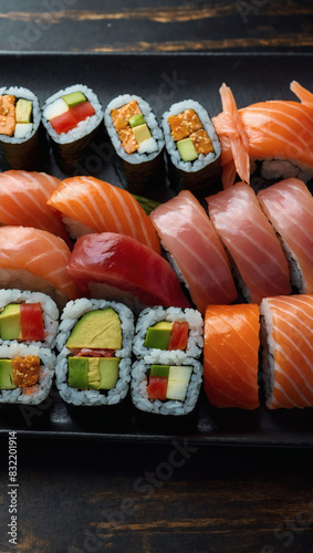 Sushi platter with nigiri, sashimi, and maki rolls, top view.
