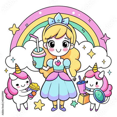 Magical Girl with Unicorns A magical girl with a star wand, holding a rainbow drink, surrounded by unicorns and fairies