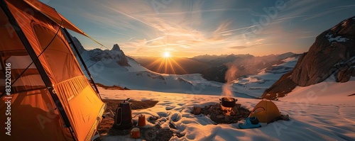Stunning sunrise view from a mountain campsite, tent in the snow, with a warm campfire, surrounded by majestic peaks.
