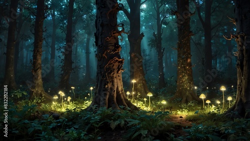 a forest with large mushrooms and a stream running through it. 