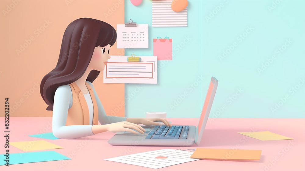 3D woman character typing on a laptop, with business meeting notes and documents in the background, plain pastel setting 3D woman character typing on a laptop, with business meeting notes and documents in the background, plain pastel setting