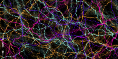 Lightning flash on black background. lightning in the night sky. Multicolor neon lightning bolt on plain black background from Generative. Powerful lightning bolt striking through ominous dark sky. 