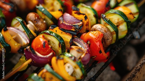 Close-up shot of colorful vegetable skewers grilling on a barbecue, showcasing vibrant peppers, mushrooms, onions, and zucchini. © Tin
