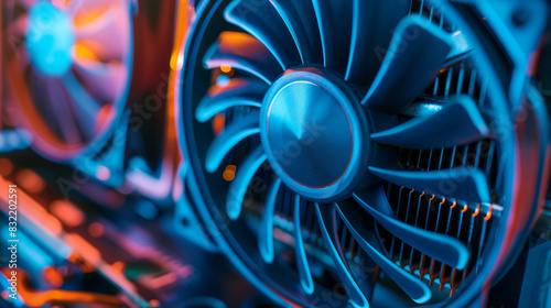 A crisp close-up of a computer graphic card fan, highlighting the clean lines and the efficiency of the cooling system photo