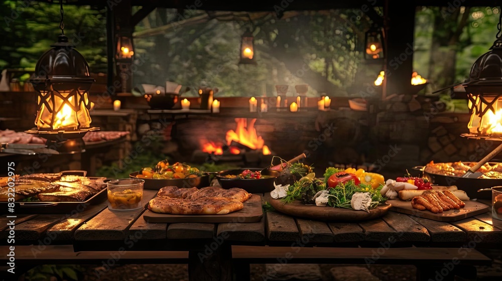 Outdoor rustic dining setting with a variety of delicious grilled foods and salads, illuminated by warm lantern light. Outdoor rustic dining setting with a variety of delicious grilled foods and salads, illuminated by warm lantern light.