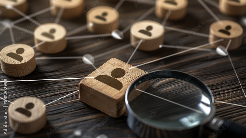 A magnifying glass examines a manager icon on a wooden block, surrounded by connection links illustrating organization structure, highlighting HR human resources management and emp A magnifying glass examines a manager icon on a wooden block, surrounded by connection links illustrating organization structure, highlighting HR human resources management and emp