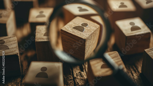 A detailed view through a magnifying glass reveals a manager icon on a wooden block, intricately linked to other elements symbolizing organization structure, conveying HR human res photo