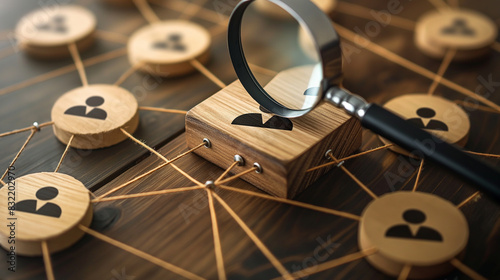 A magnifying glass examines a manager icon on a wooden block, surrounded by connection links illustrating organization structure, highlighting HR human resources management and emp photo