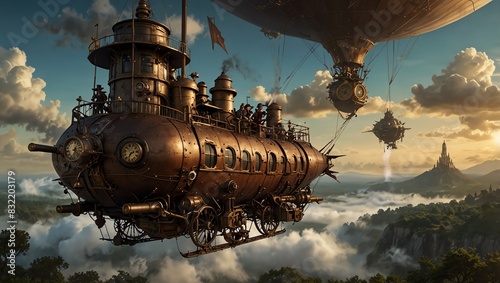  a steampunk airship with a brown hull and many portholes. 