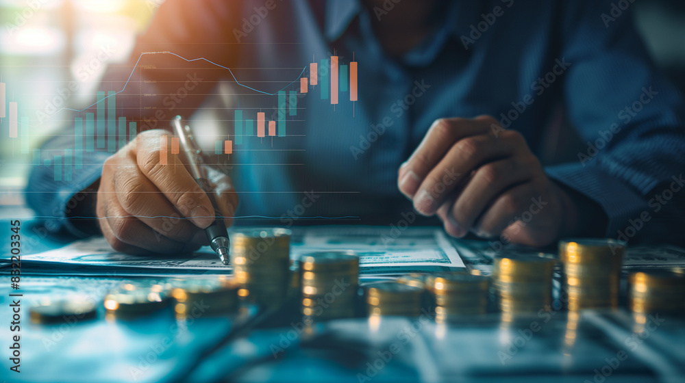 Against the backdrop of money coins, a businessman delves into financial analysis, studying a growth graph with determination and focus, aiming for financial profit return and divi Against the backdrop of money coins, a businessman delves into financial analysis, studying a growth graph with determination and focus, aiming for financial profit return and divi