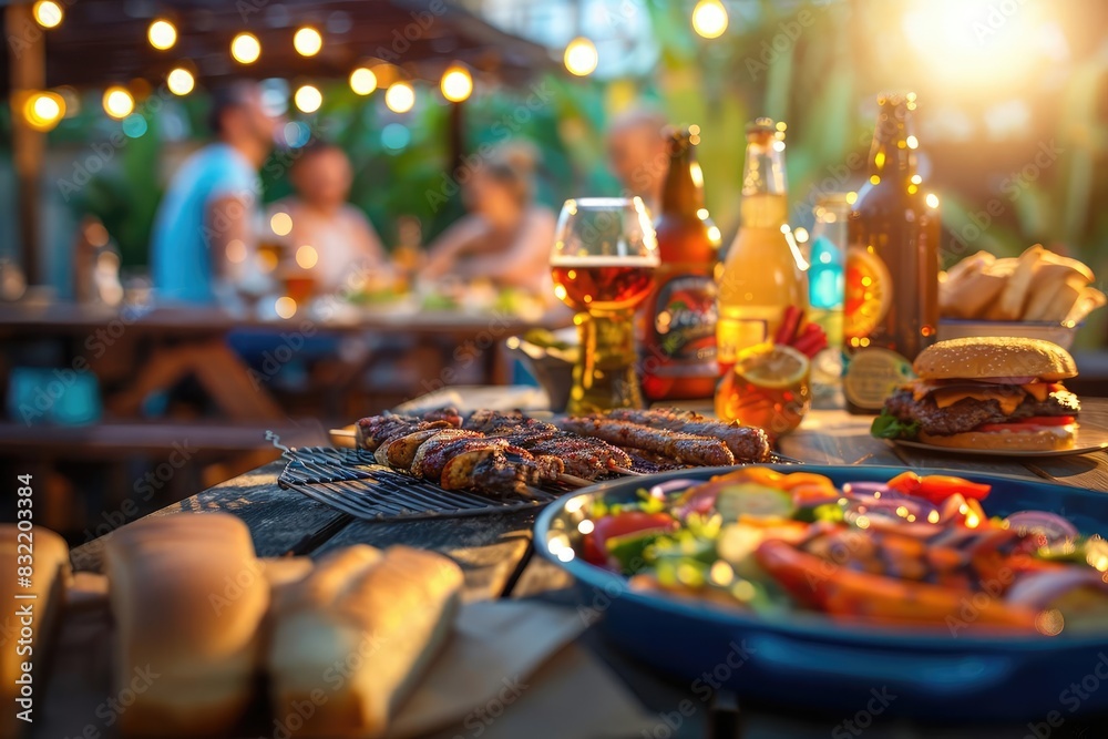 Outdoor summer barbecue with grilled food, burgers, drinks, and people enjoying a meal together under string lights. Outdoor summer barbecue with grilled food, burgers, drinks, and people enjoying a meal together under string lights.