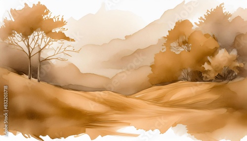 Artistic watercolor rendition of a serene landscape scene in warm sepia tones photo