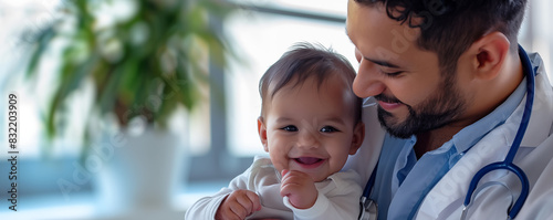 Pediatrician Examining Smiling Baby. Concept of Medical Care. Banner with copyspace. Shallow depth of field. 