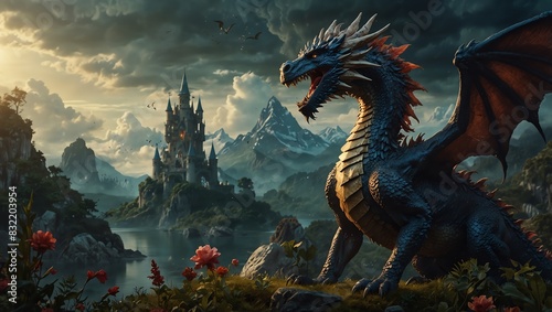 A blue and black dragon with red and yellow accents is perched on a rock in front of a castle. photo
