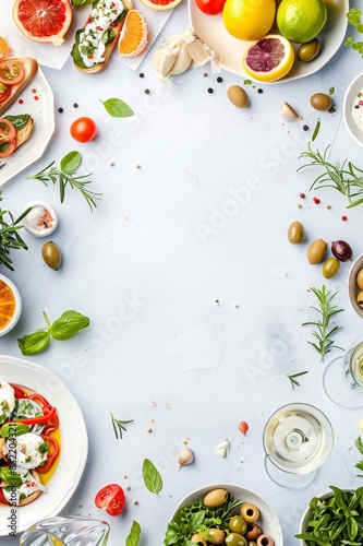 Modern mediterranean food menu template with an array of fresh ingredients and dishes on a sleek backdrop