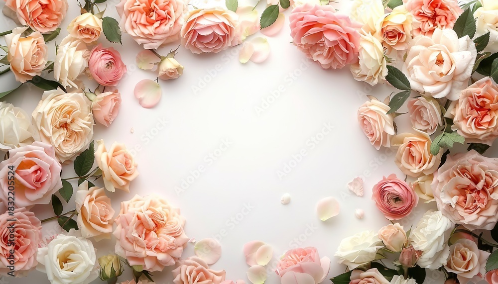 A frame of beautiful roses a white background, a place for text, mockup A frame of beautiful roses a white background, a place for text, mockup