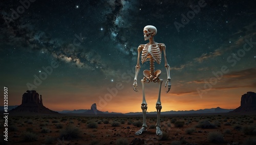  a skeleton standing in the desert at night. photo