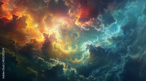 A stunning cloudscape with vibrant colors and dramatic lighting  showcasing a mixture of fiery oranges and cool blues.