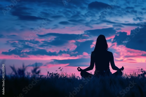 A silhouette of a woman meditating in the lotus position, capturing a serene and tranquil moment © Mike