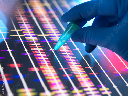 Genomic Research, Scientist holding a DNA sample in a vial with the profile results on screen in the lab photo