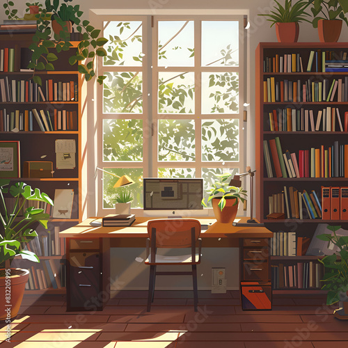2D illustration of a serene home office setup with a neat desk  plants  and sunlight streaming through a window  symbolizing an ideal productive workspace