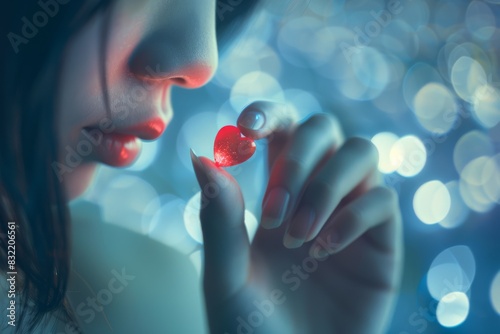 Woman Holding a Sparkling Red Heart in Soft Blue Light