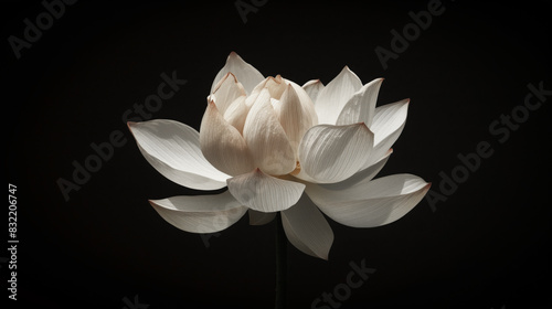 White lotus flower in full bloom against dark background. Elegant and serene appearance