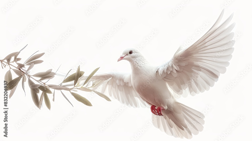 Fototapeta premium Dove flying with an olive branch in its beak, isolated white background, high detail, symbol of peace and harmony