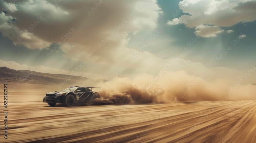 Adventure through the Dust SUV driving on a desert road kicking up clouds of dust on a sunny day Adventure through the Dust SUV driving on a desert road kicking up clouds of dust on a sunny day