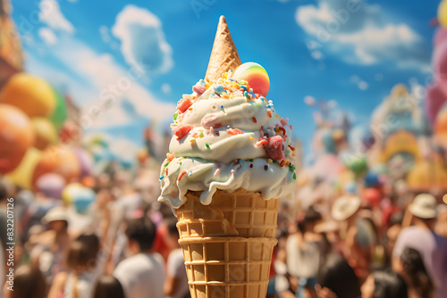 Close-up of a melting ice cream cone with colorful sprinkles against a background of people enjoying outdoor activities