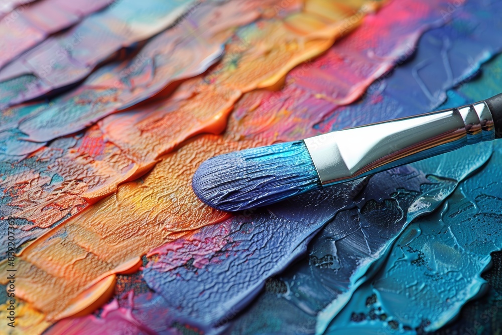 Obraz premium Artist's palette and brushes resting on the table, as a brush meticulously applies vibrant rainbow watercolor onto a canvas, each stroke a testament to the artist's skill and creativity