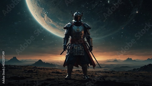 A knight in medieval armor is standing on a hilltop, photo