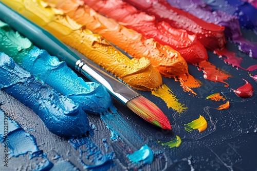 Artist's palette and brushes resting on the table, as a brush meticulously applies vibrant rainbow watercolor onto a canvas, each stroke a testament to the artist's skill and creativity